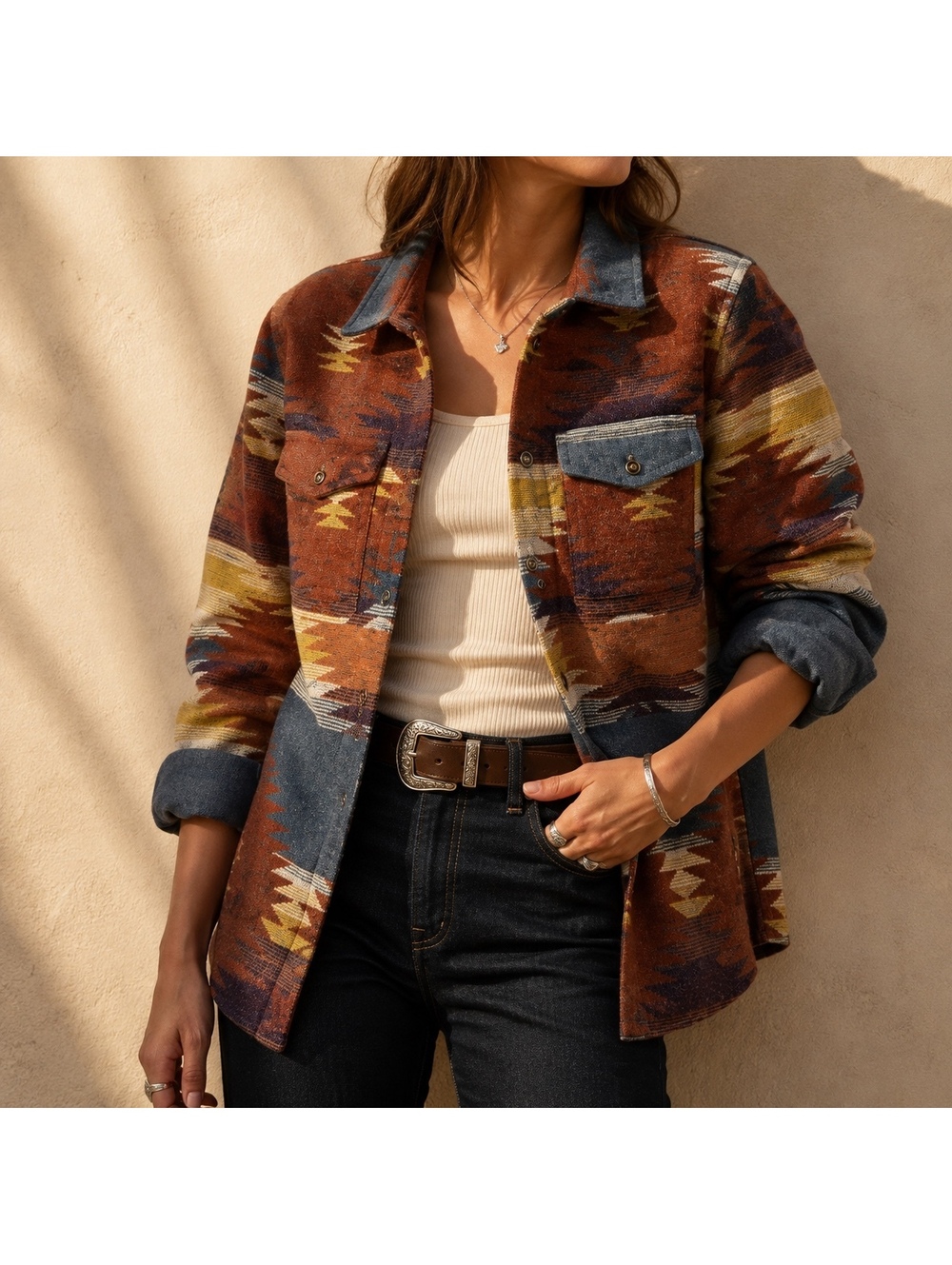 Women’s Southwestern Aztec Jacket Western Blanket Shacket Rust Blue